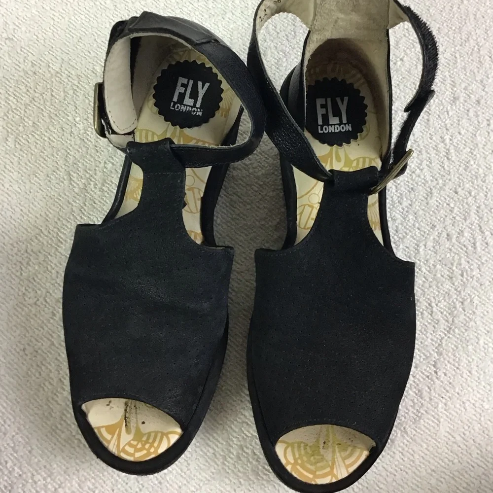 FLY London Perforated Leather Ankle Strap Wedges Sandals Black Size 38 (7.5-8)